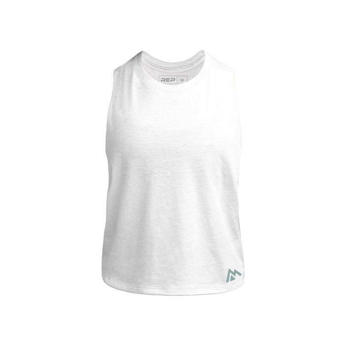The REP Fitness Women's Peak Cropped Dual-Blend Tank in White/Aqua Gray front