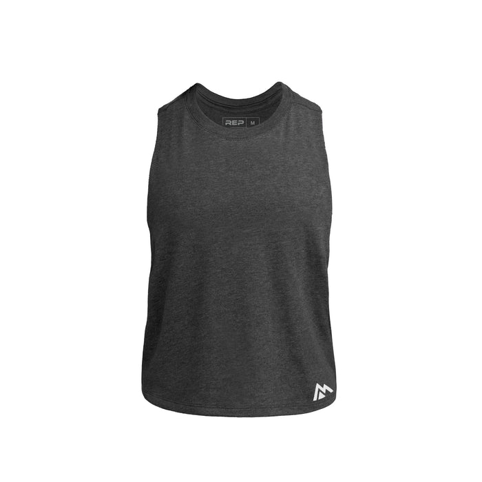 The REP Fitness Women's Peak Cropped Dual-Blend Tank in Heather Charcoal/White front