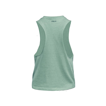 The REP Fitness Women's Peak Cropped Dual-Blend Tank in Heather Sage/Sage back