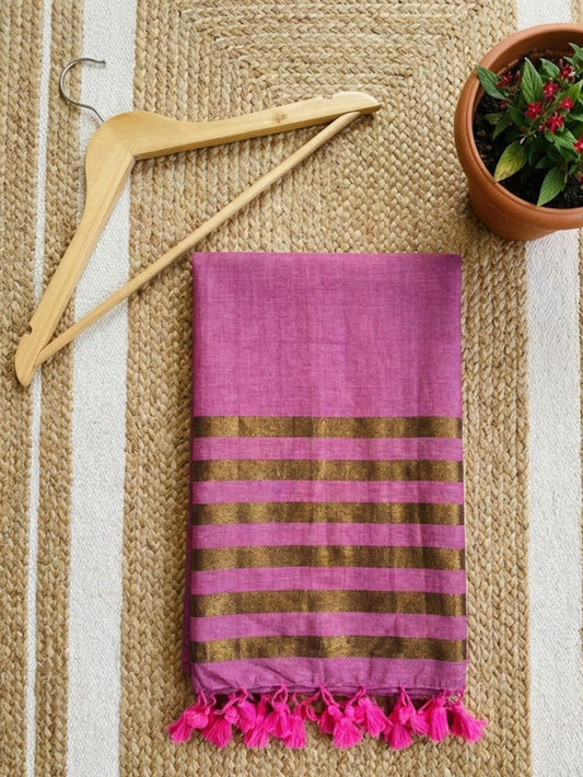 Indiehaat | Pure Cotton Zari Anchal Saree Pink