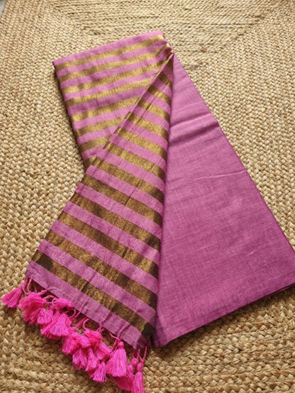 Indiehaat | Pure Cotton Zari Anchal Saree Pink