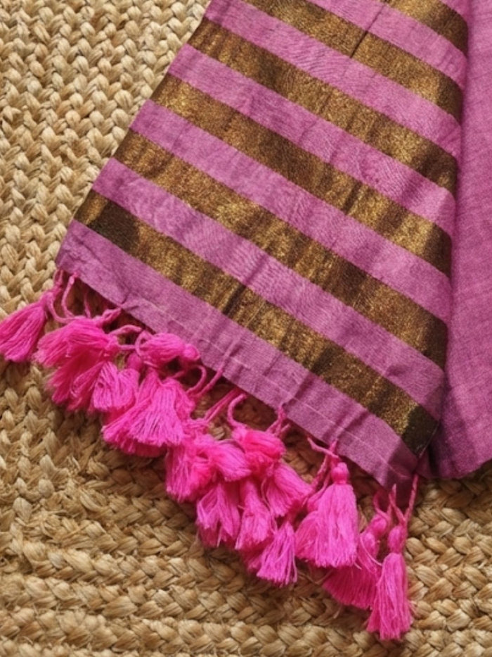 Indiehaat | Pure Cotton Zari Anchal Saree Pink