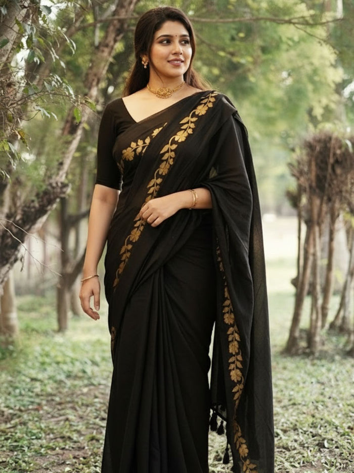 Indiehaat | Mul Cotton Border Zari Weaving Saree