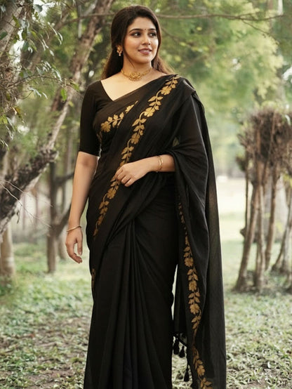 Indiehaat | Mul Cotton Border Zari Weaving Saree