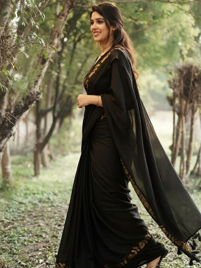 Indiehaat | Mul Cotton Border Zari Weaving Saree