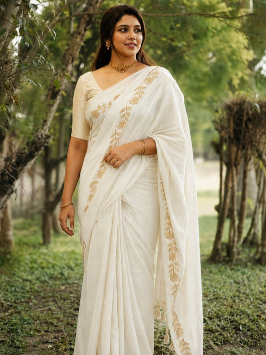 Indiehaat | Mul Cotton Border Zari Weaving Saree White