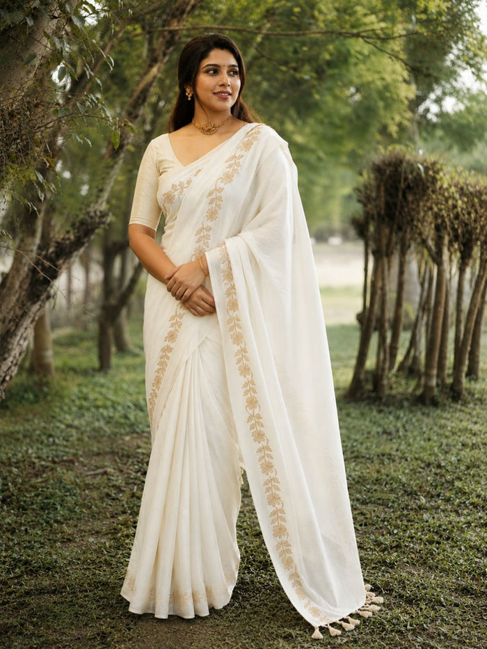 Indiehaat | Mul Cotton Border Zari Weaving Saree White