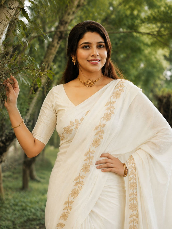 Indiehaat | Mul Cotton Border Zari Weaving Saree White