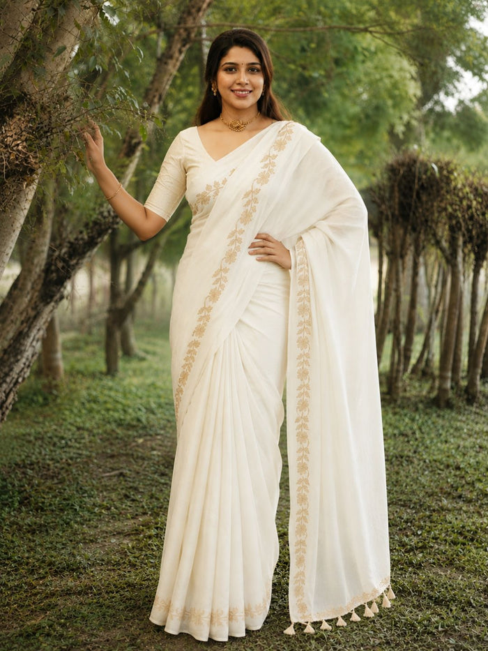 Indiehaat | Mul Cotton Border Zari Weaving Saree White