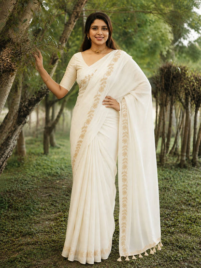 Indiehaat | Mul Cotton Border Zari Weaving Saree White