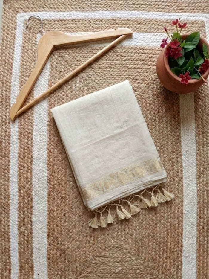 Indiehaat | Mul Cotton Border Zari Weaving Saree White