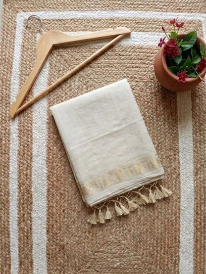 Indiehaat | Mul Cotton Border Zari Weaving Saree White